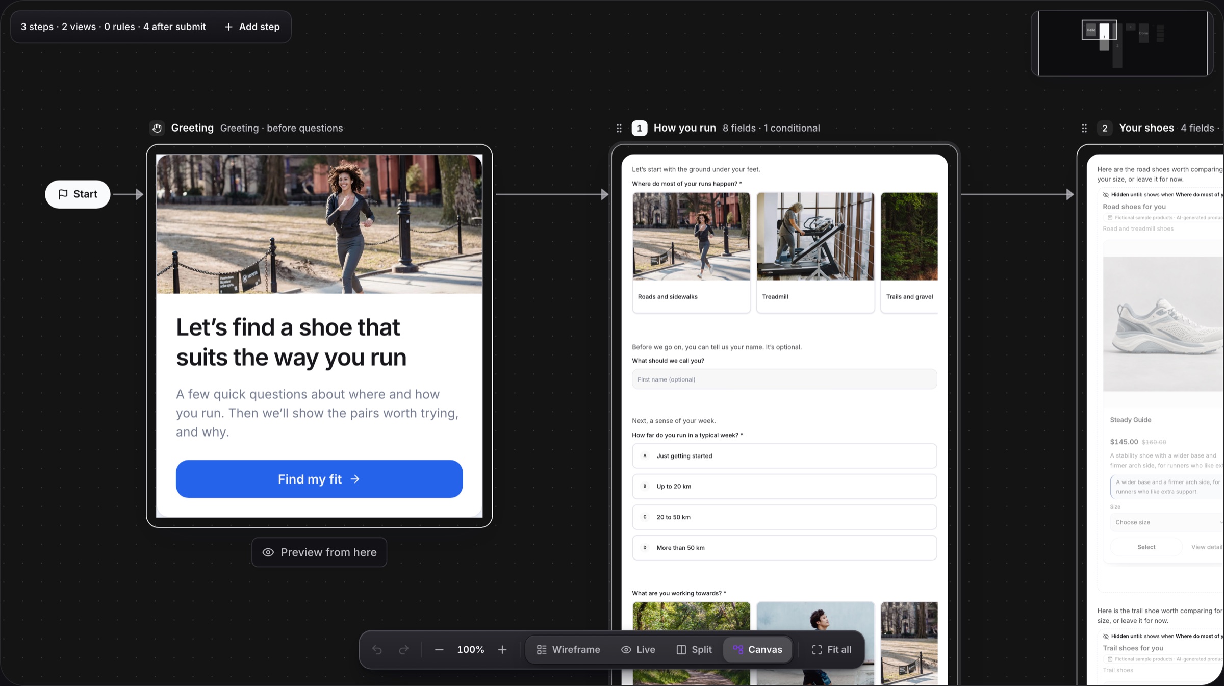 The Stride & Co. running system on the AuraForms canvas: greeting, questions with photo answers and product groups