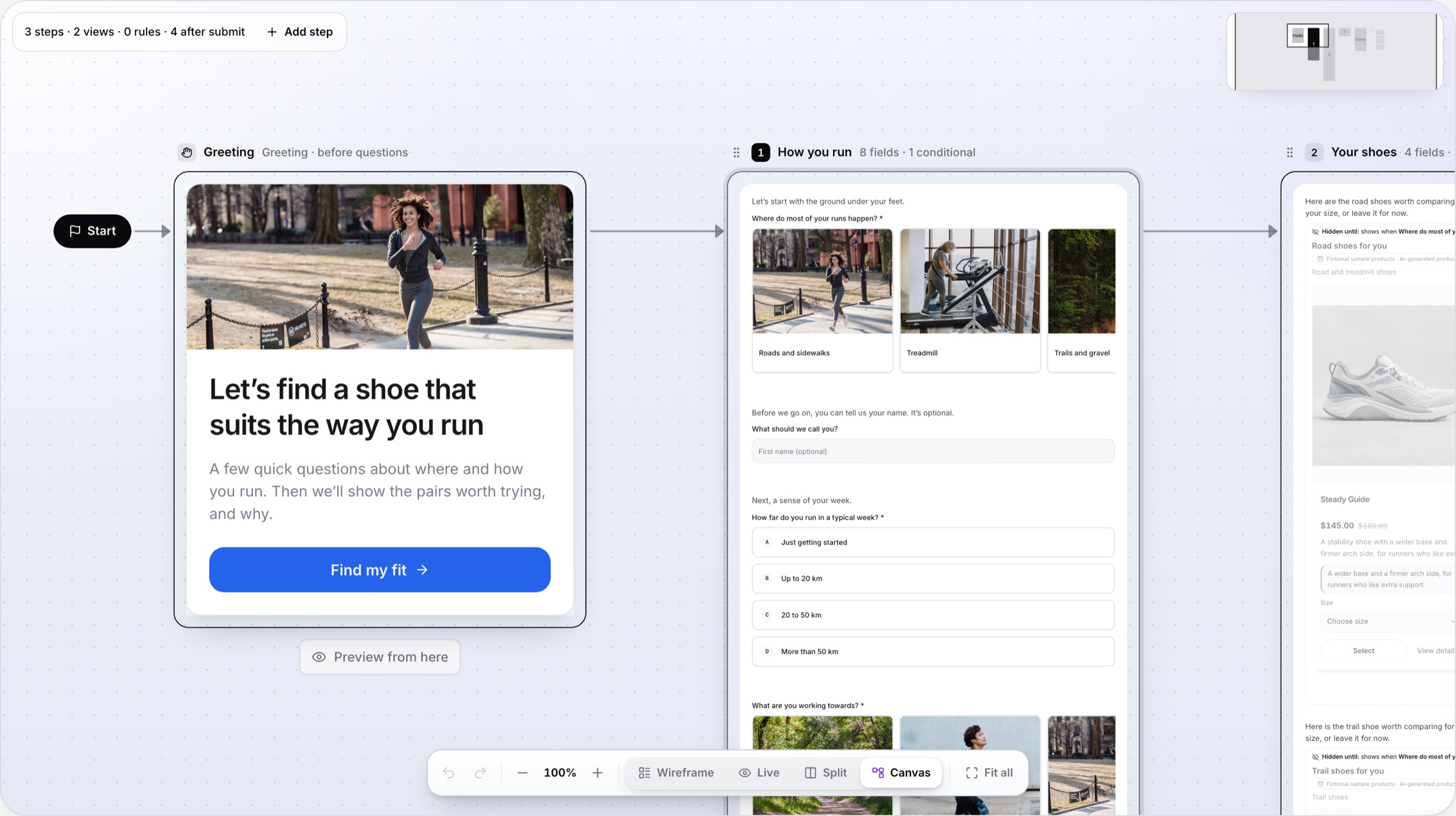 The Stride & Co. running system on the AuraForms canvas: greeting, questions with photo answers and product groups