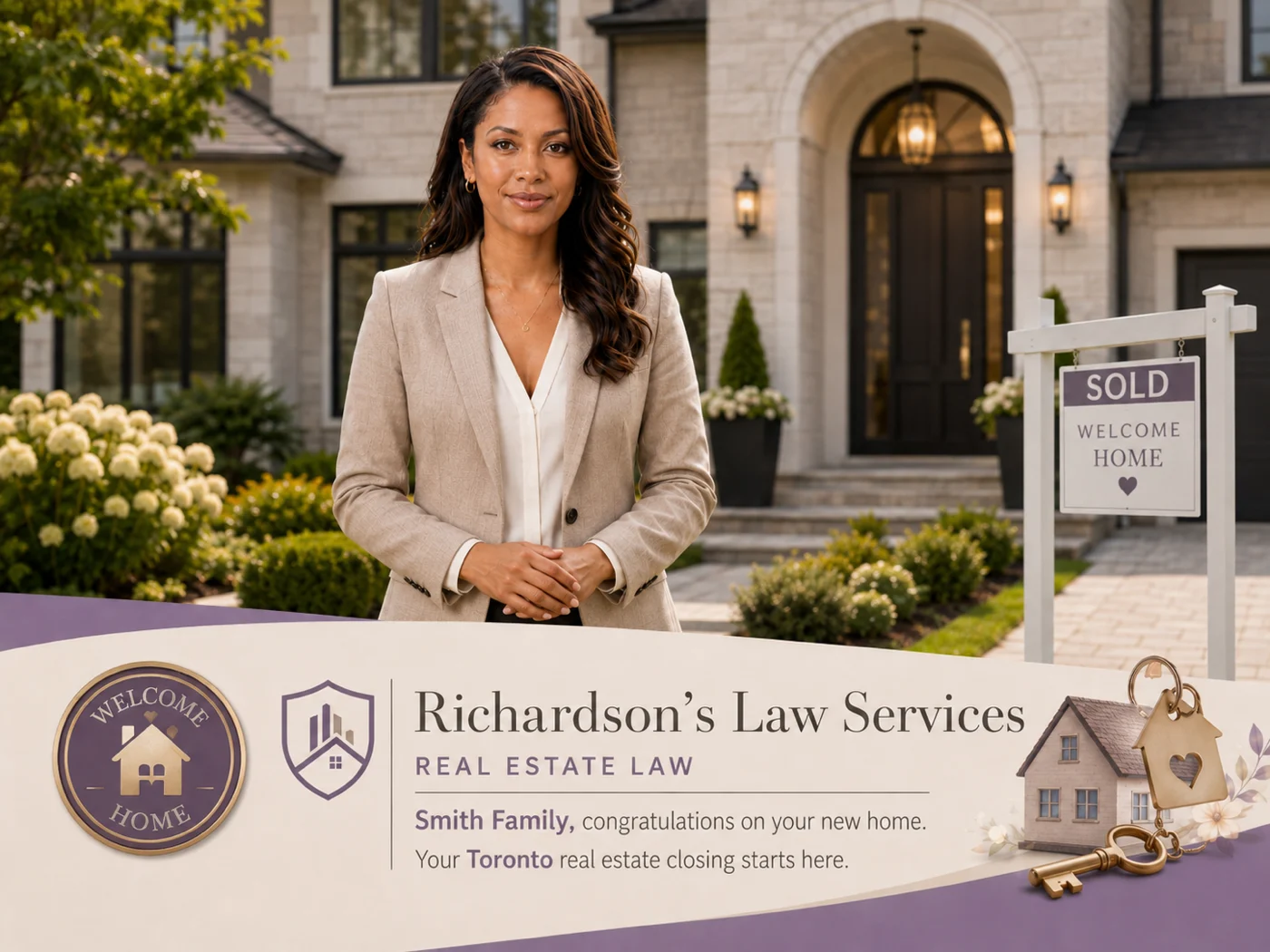 The same system prepared for the Smith family, with the lawyer outside their new home and congratulating them by name