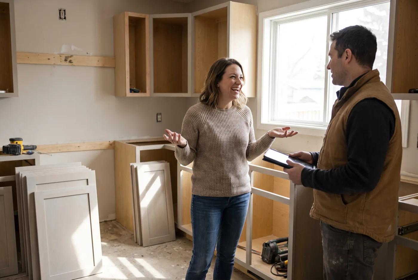 A homeowner talking with a contractor in a kitchen mid renovation