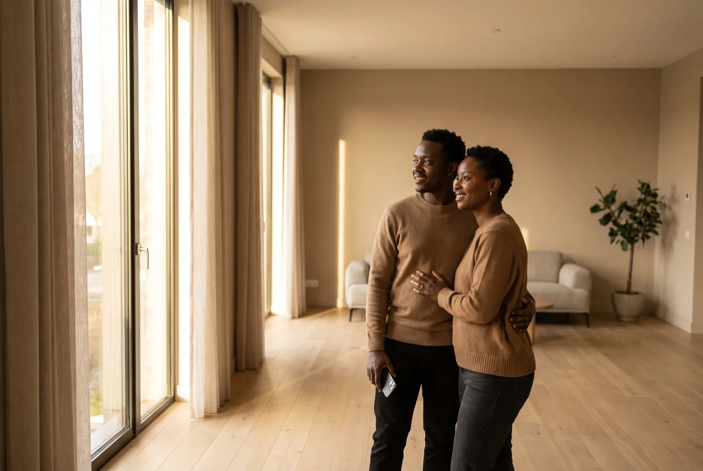 A couple standing in the living room of a home they are touring