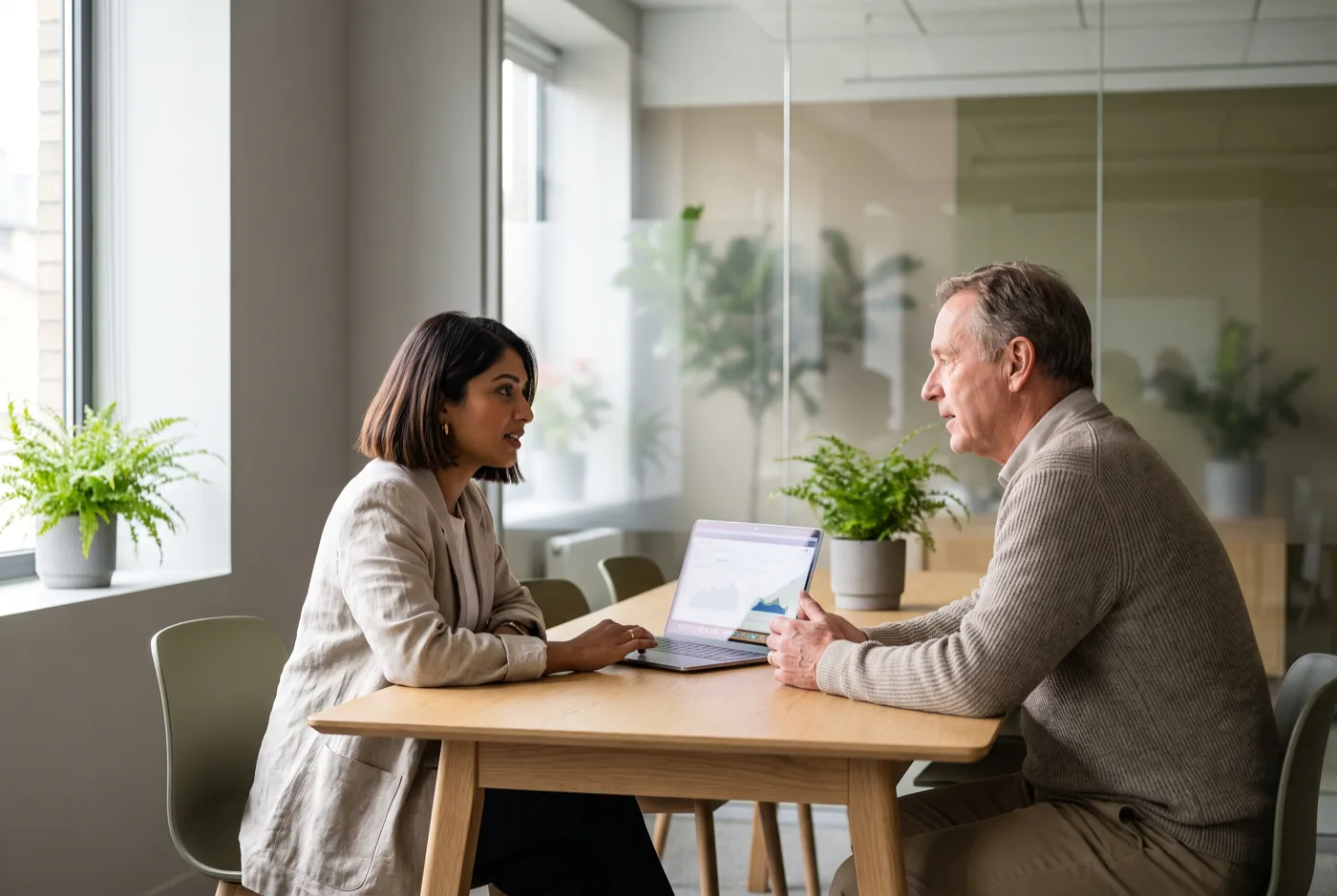 A consultant and a client in conversation across a table in an office