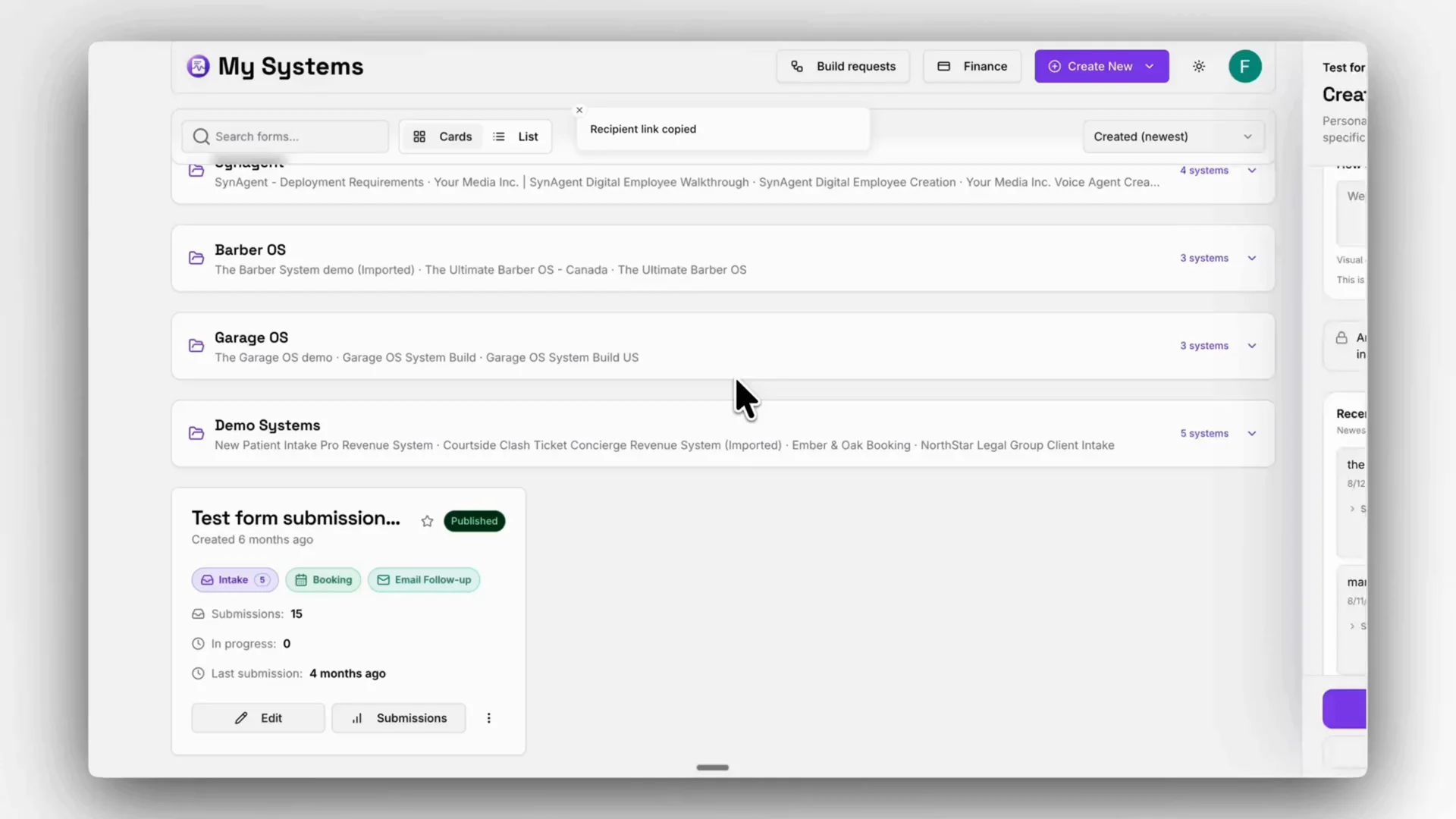 The Aura dashboard at the moment an individual link is copied