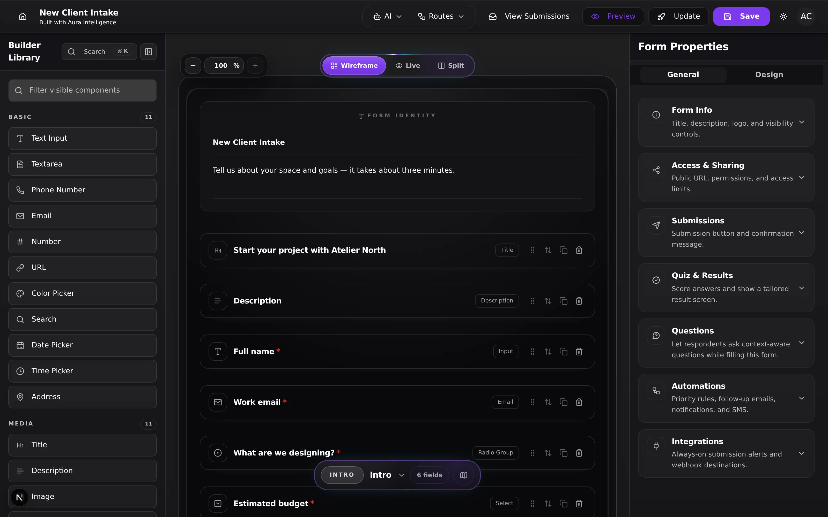 The Aura builder with a client intake system open for editing