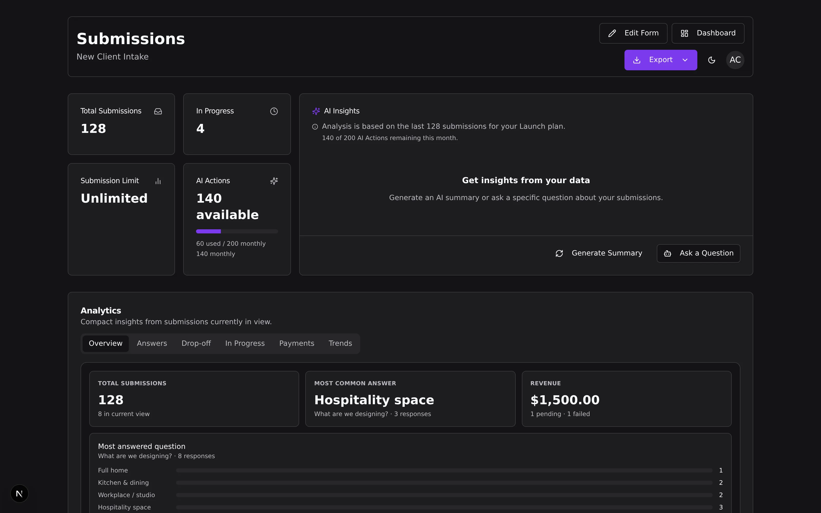 A client system's submissions overview with totals, AI Actions remaining and AI insights
