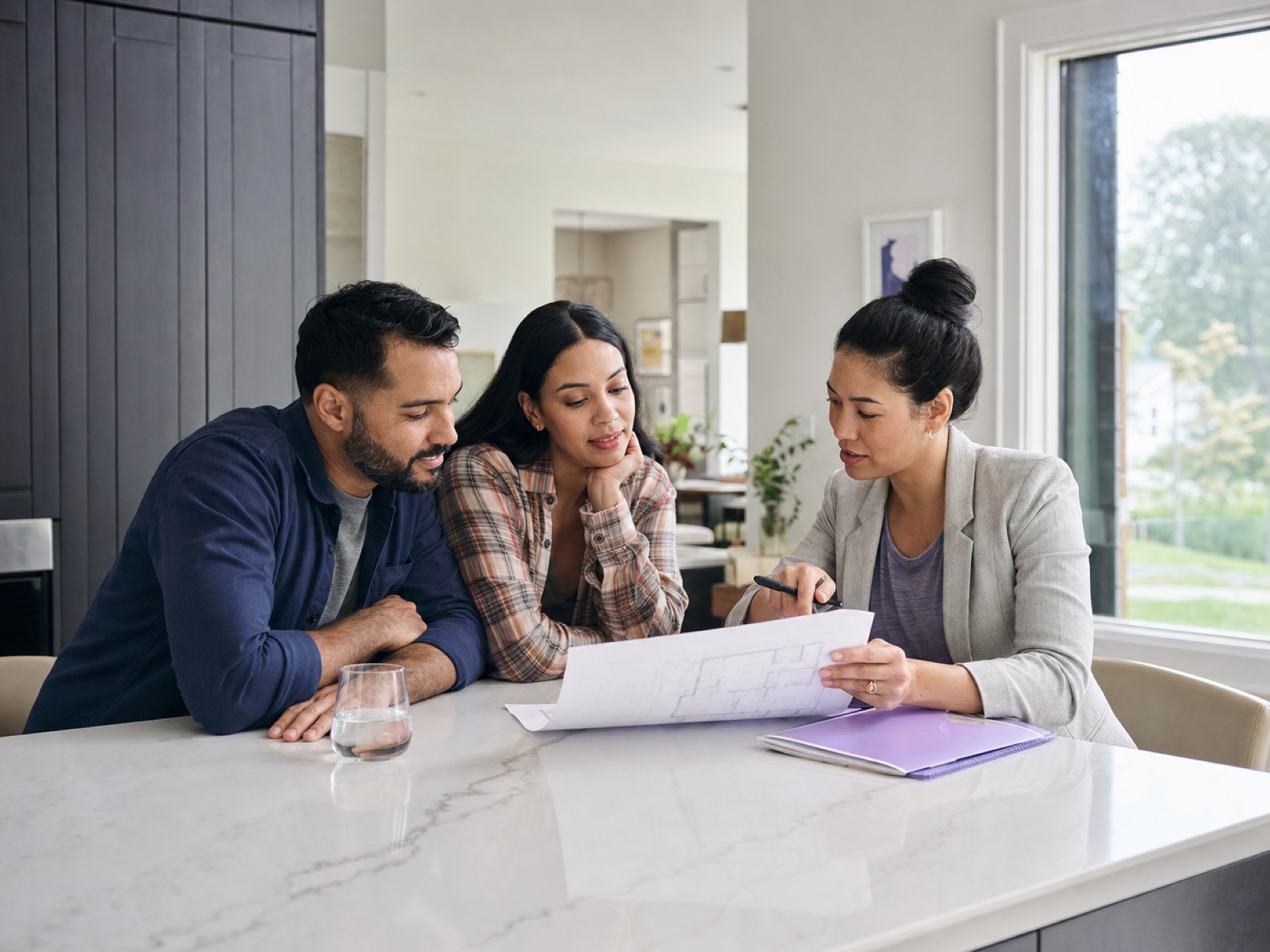 Real estate advisor meeting with clients in a bright modern home